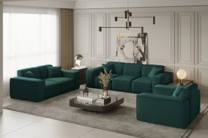 Möbelset LUGA – Sofa 3-Sitzer, 2-Sitzer & Sessel im modernen Samtstoff Velvet Opera, dekorative Kissen inklusive - Petrolblau