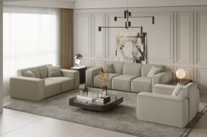 Möbelset LUGA – Sofa 3-Sitzer, 2-Sitzer & Sessel im modernen Samtstoff Velvet Opera, dekorative Kissen inklusive - Creme