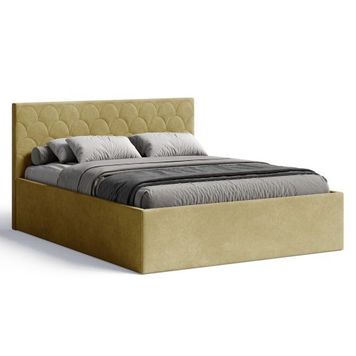 Polsterbett Radius 160x200 cm – modernes Doppelbett mit Bettkasten & gepolstertem Kopfteil - Senf (Noble 48)