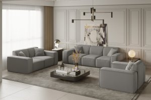 Möbelset LUGA – Sofa 3-Sitzer, 2-Sitzer & Sessel im modernen Samtstoff Velvet Opera, dekorative Kissen inklusive - Stahl - Sofort verfügbar