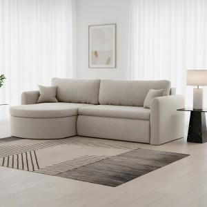 Verona L Ecksofa – Komfortables, freistehendes Wohnzimmer-Sofa mit Schlaffunktion & Bettkasten – Stoff Faro - Hellbeige (Faro 01)
