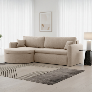 Verona L Ecksofa – Komfortables, freistehendes Wohnzimmer-Sofa mit Schlaffunktion & Bettkasten – Stoff Faro - Beige (Faro 02)