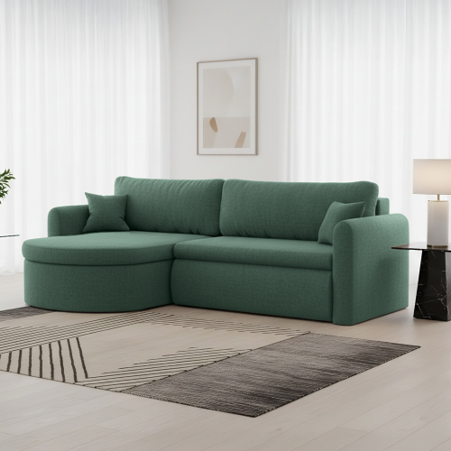 Verona L Ecksofa – Komfortables, freistehendes Wohnzimmer-Sofa mit Schlaffunktion & Bettkasten – Stoff Faro - Grün (Faro 07)