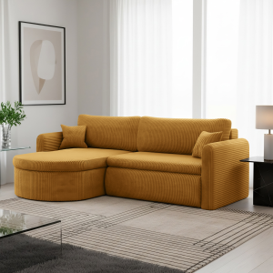 Verona L Ecksofa – Komfortables, freistehendes Wohnzimmer-Sofa mit Schlaffunktion & Bettkasten – Stoff Poso - Senf