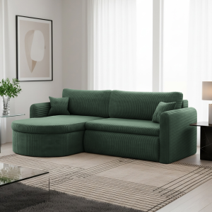 Verona L Ecksofa – Komfortables, freistehendes Wohnzimmer-Sofa mit Schlaffunktion & Bettkasten – Stoff Poso - Grün