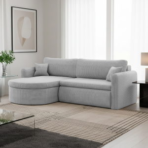 Verona L Ecksofa – Komfortables, freistehendes Wohnzimmer-Sofa mit Schlaffunktion & Bettkasten – Stoff Poso - Hellgrau