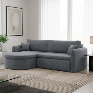 Verona L Ecksofa – Komfortables, freistehendes Wohnzimmer-Sofa mit Schlaffunktion & Bettkasten – Stoff Poso - Grau