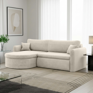 Verona L Ecksofa – Komfortables, freistehendes Wohnzimmer-Sofa mit Schlaffunktion & Bettkasten – Stoff Poso - Creme