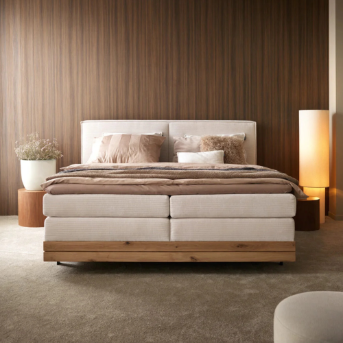 Boxspringbett NEBIA aus massiver Eiche – modernes Bett mit Stauraum, minimalistisches Design - 180x200 cm