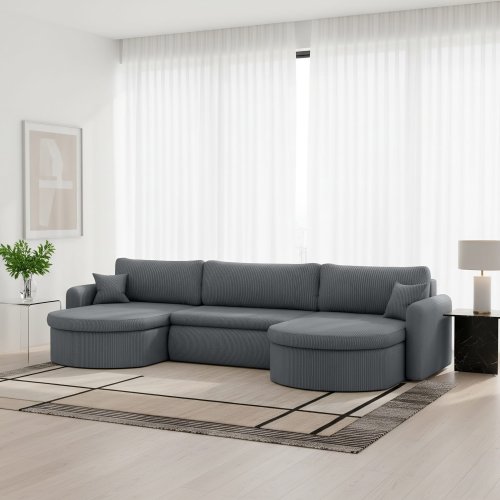 VERONA U Cord Ecksofa mit Schlaffunktion – großes U-Sofa mit Bettkasten, breitem Sitzkomfort & POSO Cordstoff - Grau 60