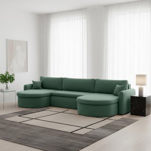 VERONA U Ecksofa mit Schlaffunktion – großes U-Sofa mit Bettkasten, feinem FARO Stoff & höchstem Sitzkomfort - Grün