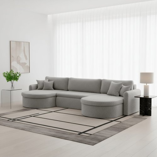 VERONA U Ecksofa mit Schlaffunktion – großes U-Sofa mit Bettkasten & exklusivem QUELLE Bouclé Stoff - Hellgrau