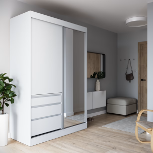 HAIDAR Schiebetürenschrank – Moderner Kleiderschrank mit viel Stauraum | 140 cm - Weiß