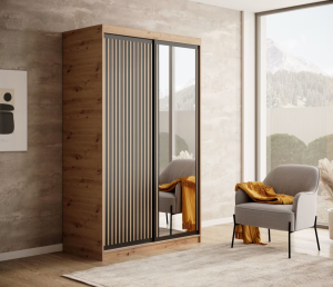 DELIA Kleiderschrank – Moderner Lamellen-Schrank, Schiebetürenschrank mit Spiegel & Stauraum | 120 cm - Holz / Schwarz