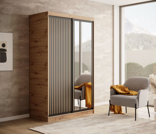 DELIA Kleiderschrank – Moderner Lamellen-Schrank, Schiebetürenschrank mit Spiegel & Stauraum | 120 cm - Holz / Schwarz