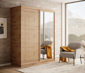 DELIA Kleiderschrank – Moderner Lamellen-Schrank, Schiebetürenschrank mit Spiegel & Stauraum | 160 cm - Holz / Schwarz