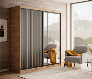 DELIA Kleiderschrank – Moderner Lamellen-Schrank, Schiebetürenschrank mit Spiegel & Stauraum | 180 cm - Holz / Schwarz