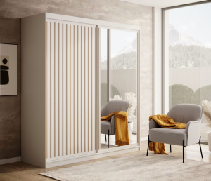 DELIA Kleiderschrank – Moderner Lamellen-Schrank, Schiebetürenschrank mit Spiegel & Stauraum | 180 cm - Weiß / Holz