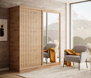 DELIA Kleiderschrank – Moderner Lamellen-Schrank, Schiebetürenschrank mit Spiegel & Stauraum | 180 cm - Holz