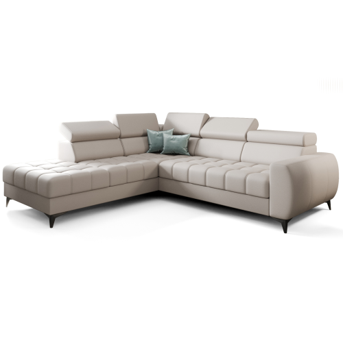 PORTO Ecksofa 255 × 225 cm mit Schlaffunktion, Bettkasten, verstellbaren Kopfstützen – HR & T35 Schaum, Echtleder - Hellgrau