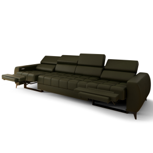 PORTO IV RELAX Sofa 331 cm – Elektrische Relaxfunktion, verstellbare Kopfstützen, Echtleder L-5 - Olivgrün 