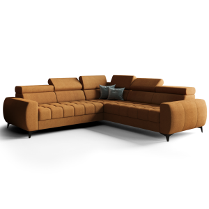 Porto Max 255x255 cm – Ecksofa mit Schlaffunktion und Bettkasten, Hochwertiger HR- & T35-Schaum, Regulierbare Kopfstützen - Moly 51, Orange