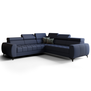 Porto Max 255x255 cm – Ecksofa mit Schlaffunktion und Bettkasten, Hochwertiger HR- & T35-Schaum, Regulierbare Kopfstützen - Echtleder L-4 - Blau