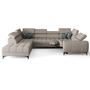 Porto Max I Relax Ecksofa mit elektrischer Relaxfunktion, Schlaffunktion und verstellbaren Kopfstützen, Stoff Crown 3 - Echtleder L-11 - Grau