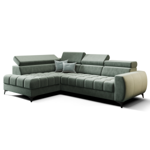 Porto Mini Ecksofa mit Schlaffunktion, verstellbaren Kopfstützen und Bettkasten – Terra 72, Türkis 