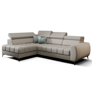 Porto Mini Ecksofa mit Schlaffunktion, verstellbaren Kopfstützen und Bettkasten – Echtleder L-11, Beige
