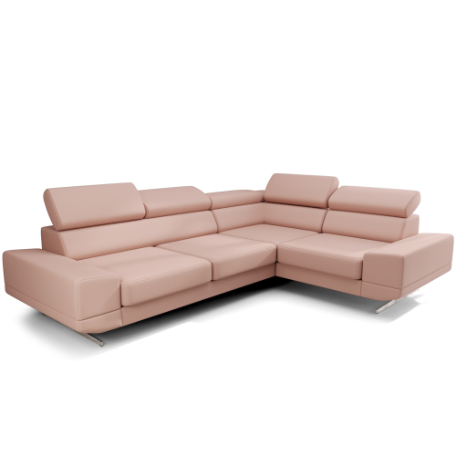Ecksofa Milano II – Modernes Ecksofa mit verstellbaren Kopfstützen und hohen Metallfüßen, Echtleder U-54 - Rosa