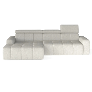 Ecksofa ENZO S mit elektrischem Sitzauszug, Schlaffunktion und Bettkasten, modernes Sofa mit verstellbaren Kopfstützen – Stoff Sorella 01, Hellgrau