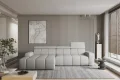 Ecksofa ENZO S mit elektrischem Sitzauszug, Schlaffunktion und Bettkasten, modernes Sofa mit verstellbaren Kopfstützen – Stoff Sorella 01, Hellgrau