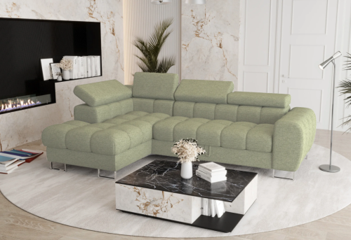 Ecksofa ASPEN MINI verstellbare Kopfstützen Schlaffunktion 260×170 cm Bettkasten, Links - Wid31, Minze + Hocker