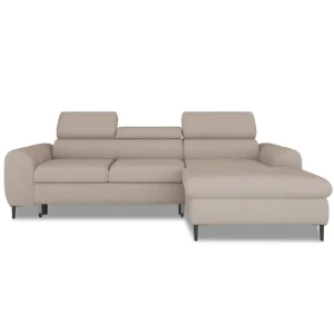 RAYO S – funktionales Ecksofa mit Delfin-Schlaffunktion, geräumigem Bettkasten und verstellbaren Kopfstützen - Beige