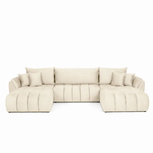 Ecksofa OTI U mit Schlaffunktion und Bettkasten im wasserabweisenden Samtstoff - Monolith 02, Creme Beige.jpg