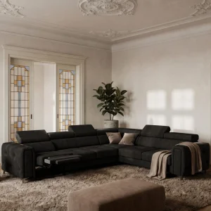 Ecksofa Orion I Relax mit Schlaffunktion und verstellbaren Kopfstützen im Glamour-Stil - Stoff Terra 99, Schwarz