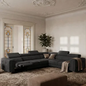 Ecksofa Orion I Relax mit Schlaffunktion und verstellbaren Kopfstützen im Glamour-Stil - Stoff Terra 96, Dunkelgrau