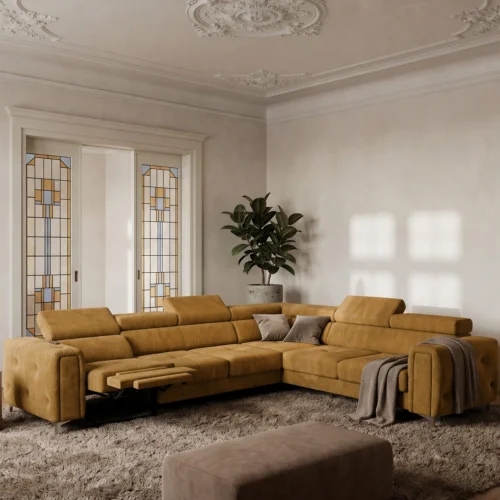 Ecksofa Orion I Relax mit Schlaffunktion und verstellbaren Kopfstützen im Glamour-Stil - Stoff Terra 48, Senf.jpg