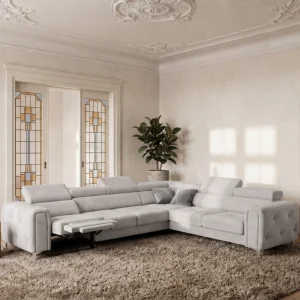 Ecksofa Orion I Relax mit Schlaffunktion und verstellbaren Kopfstützen im Glamour-Stil - Stoff Moly 70, Hellgrau