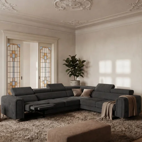 Ecksofa Orion I Relax mit Schlaffunktion und verstellbaren Kopfstützen im Glamour-Stil - Stoff Moly 97, Dunkelgrau.jpg