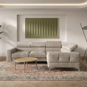 Ecksofa Toscania 250x180 cm mit Schlaffunktion und verstellbaren Kopfstützen auf hohen Beinen im Samt Terra 13 - Beige