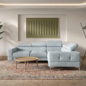 Ecksofa Toscania 250x180 cm mit Schlaffunktion und verstellbaren Kopfstützen auf hohen Beinen im Samt Terra 80 - Hellgrau
