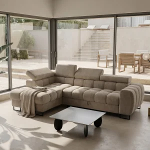 Ecksofa 260x170 cm Aspen Mini mit Schlaffunktion, verstellbare Kopfstützen und Bettkasten - Liegefläche 117x190 cm,  Beige (Terra 13)