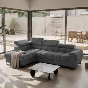 Ecksofa 260x170 cm Aspen Mini mit Schlaffunktion, verstellbare Kopfstützen und Bettkasten - Liegefläche 117x190 cm, Grau (Terra 92)