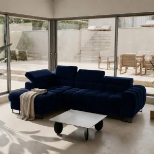Ecksofa 260x170 cm Aspen Mini mit Schlaffunktion, verstellbare Kopfstützen und Bettkasten - Liegefläche 117x190 cm,  Dunkelblau (Terra 79)