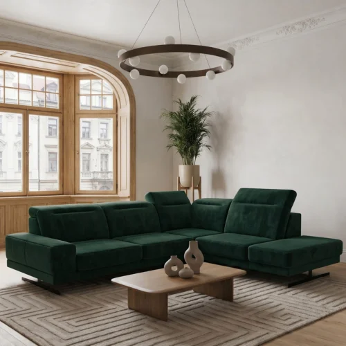 Ecksofa Fiore 265 × 220 cm mEcksofa Fiore 265 × 220 cm mit verstellbaren Kopfstützen und T35-Schaum – Stoff Terra 39, Dunkelgrün
