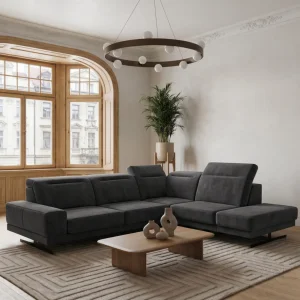 Ecksofa Fiore 265 × 220 cm mit verstellbaren Kopfstützen und T35-Schaum – Stoff Terra 96, Dunkelgrau