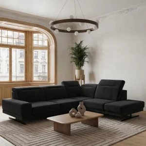 Ecksofa Fiore 265 × 220 cm mit verstellbaren Kopfstützen und T35-Schaum – Stoff Terra 99, Schwarz