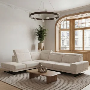 Ecksofa Fiore 265 × 220 cm mit verstellbaren Kopfstützen und T35-Schaum – Stoff Aragon 03, Creme 